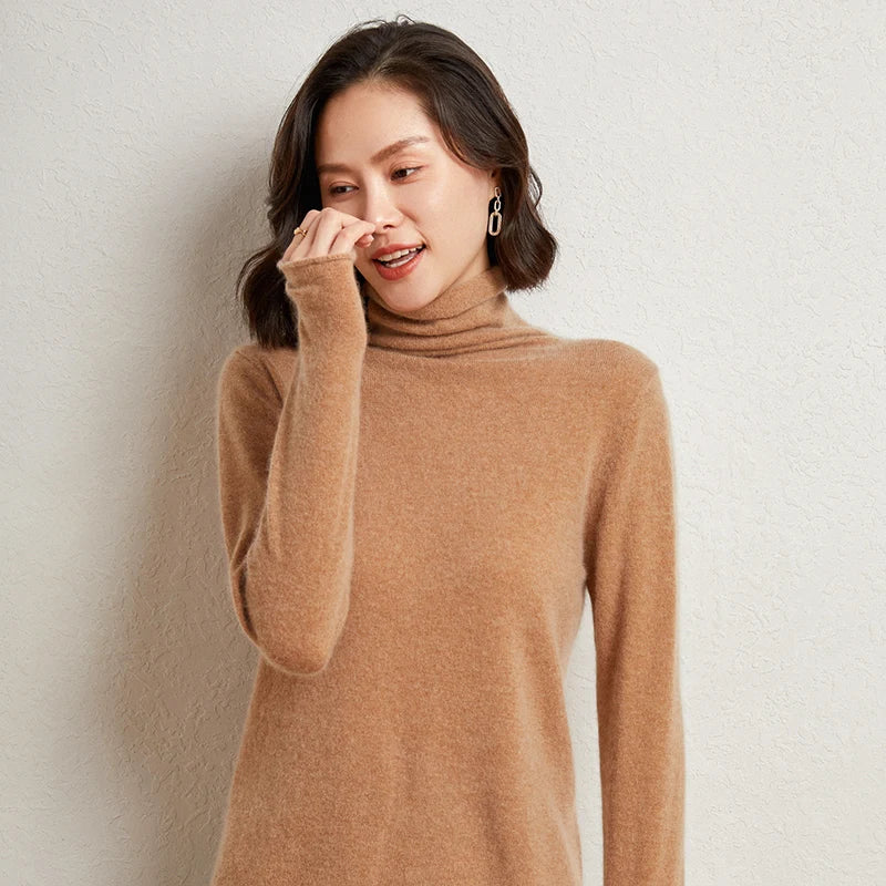 100%Merino Pure Wool Sweater Women's AutumnWinter Long Sleeve High Neck Pullover Warm High Quality Solid Color Basic Knit Jumper