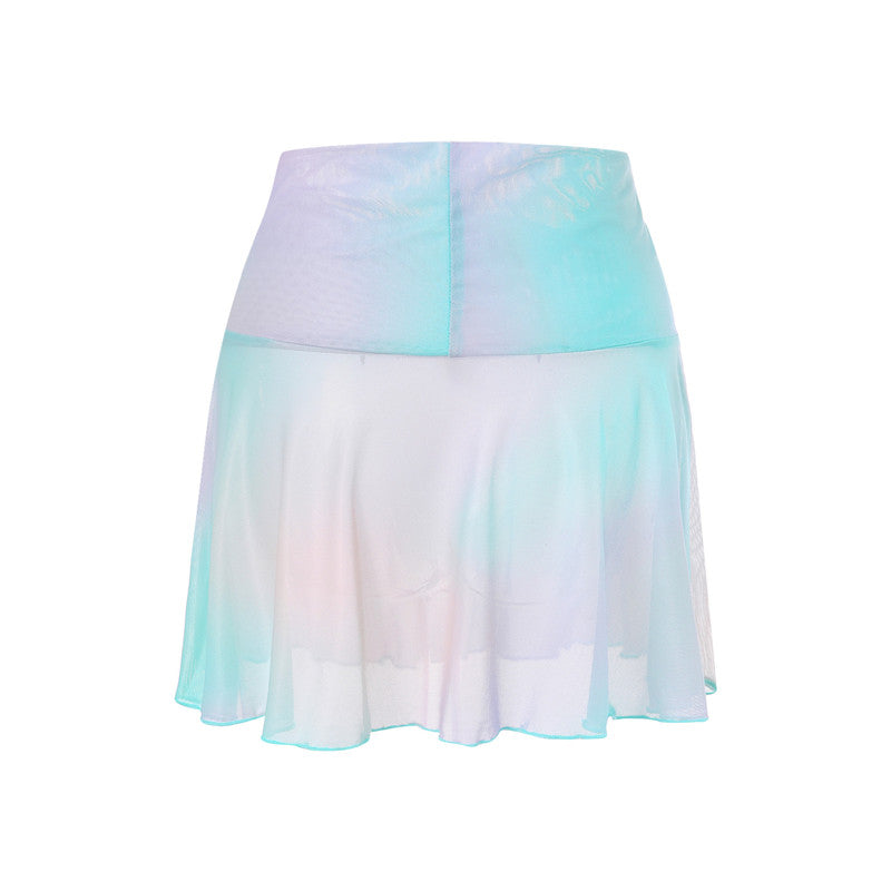 Women Sexy See Through Mini Skirt Summer High Waist Solid Skater Skirt Beach Cover-ups Sheer Mesh Rave Festival Skirt Night Club