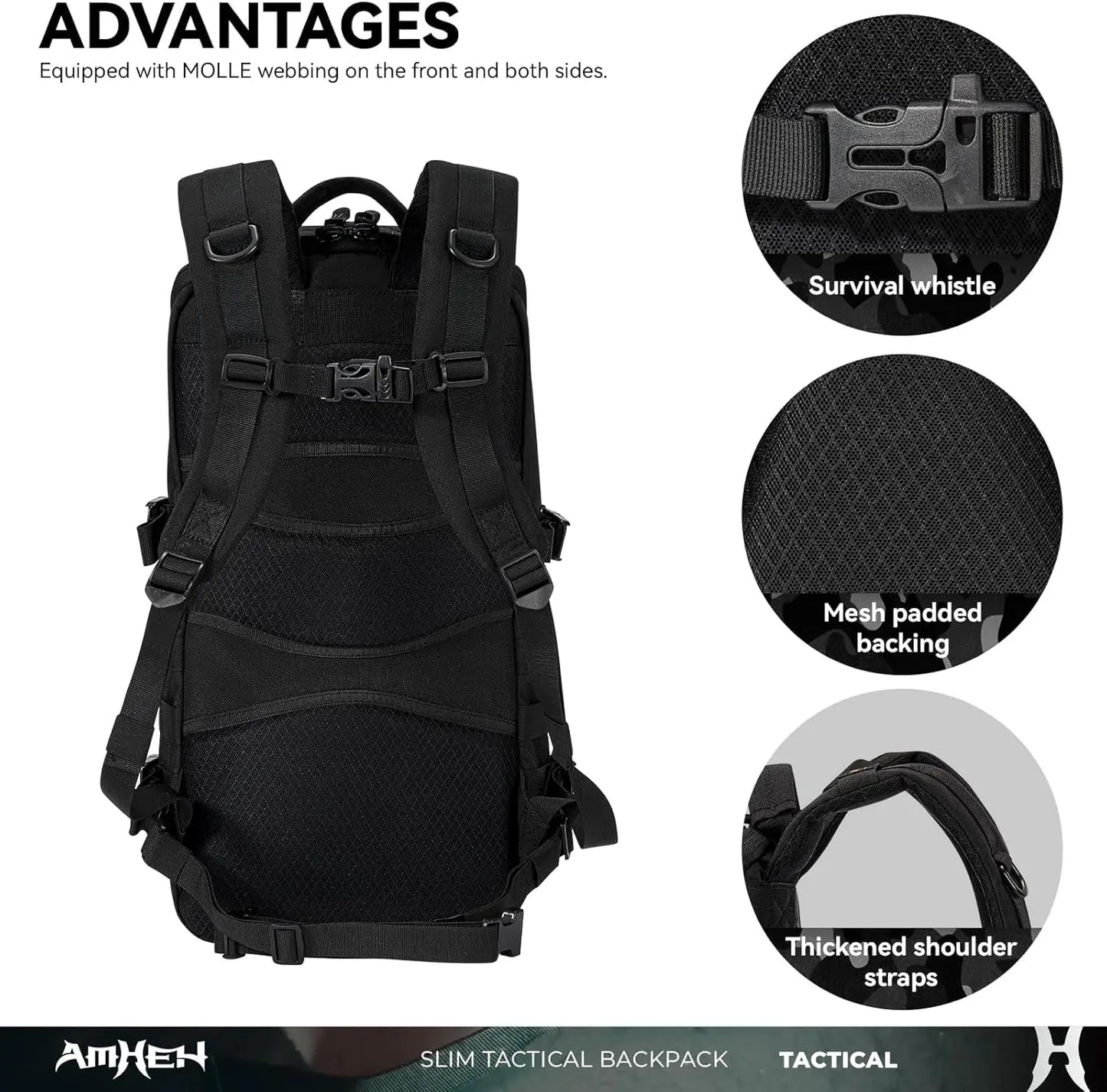 Tactical Backpack 20L Military Daypack with MOLLE, Waterproof Hiking Camping Travel Pack for Men (Black)