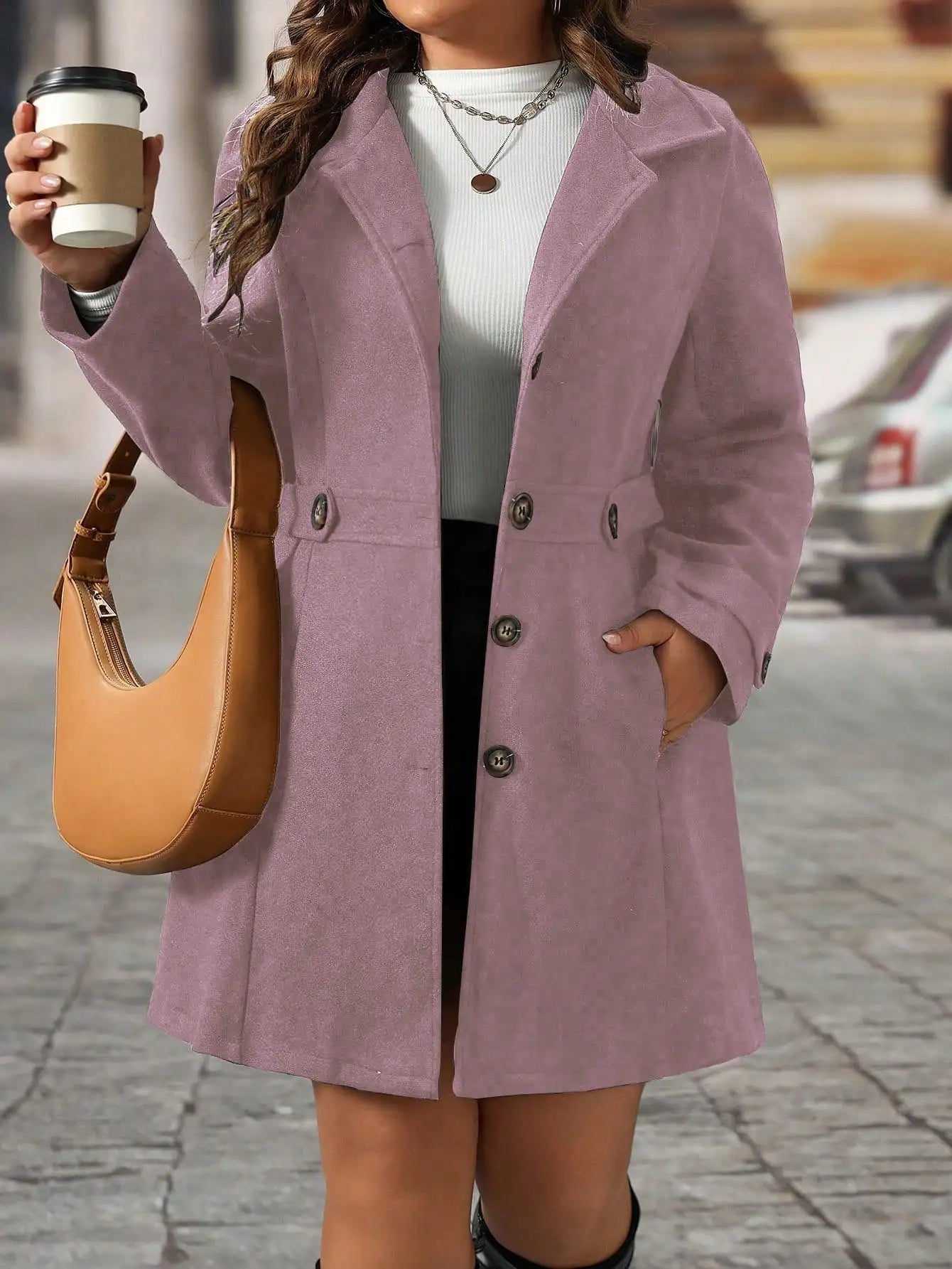 Plus Size Black Lapel Button Decor Waisted Mid-Length Knitted Coat For Women, Winter Fall Cloth For Women Autumn