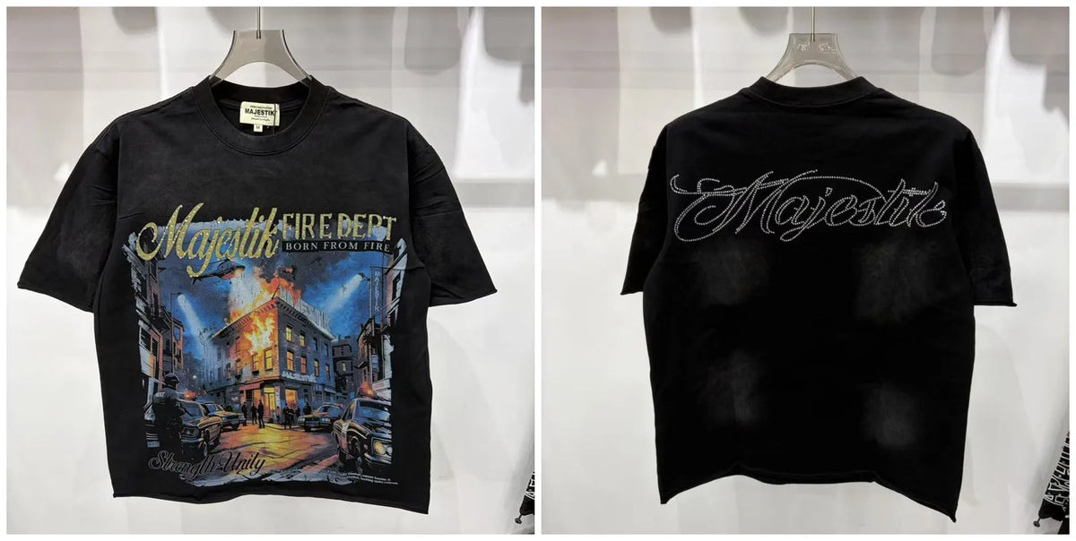 2026 Summer New MAJESTIK Men's T-shirt with Letter Hotfix Rhinestone Print Breathable Lightweight Casual Hip-Hop Style 100% Cotton Men/women T-shirt