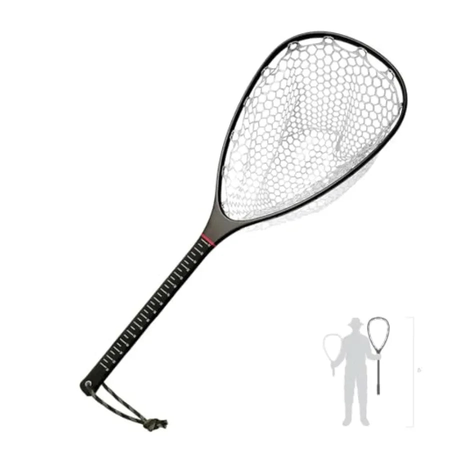 Fly Fishing Landing Net for Trout: Carbon Fiber Frame, Black/Gray, Soft Rubber Mesh Measurement Handle Standard or Long