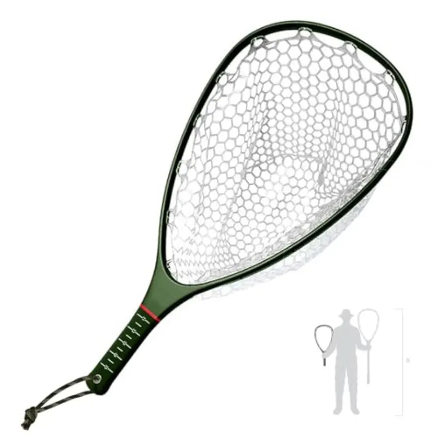 Fly Fishing Landing Net for Trout: Carbon Fiber Frame, Soft Rubber Mesh, Measurement Handle, Standard/Long Option