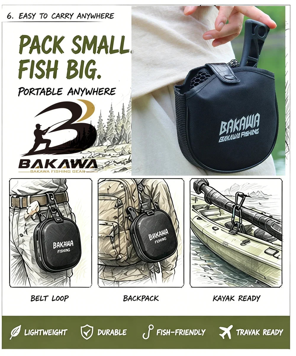 BAKAWA 25 30 S L Compact Folding Landing Net Rubber Mesh Lightweight Portable Fish Net Bass Fishing Quality Net Pesca Accesorios