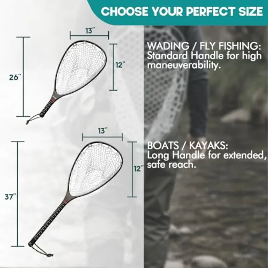 Fly Fishing Landing Net for Trout: Carbon Fiber Frame, Black/Gray, Soft Rubber Mesh Measurement Handle Standard or Long