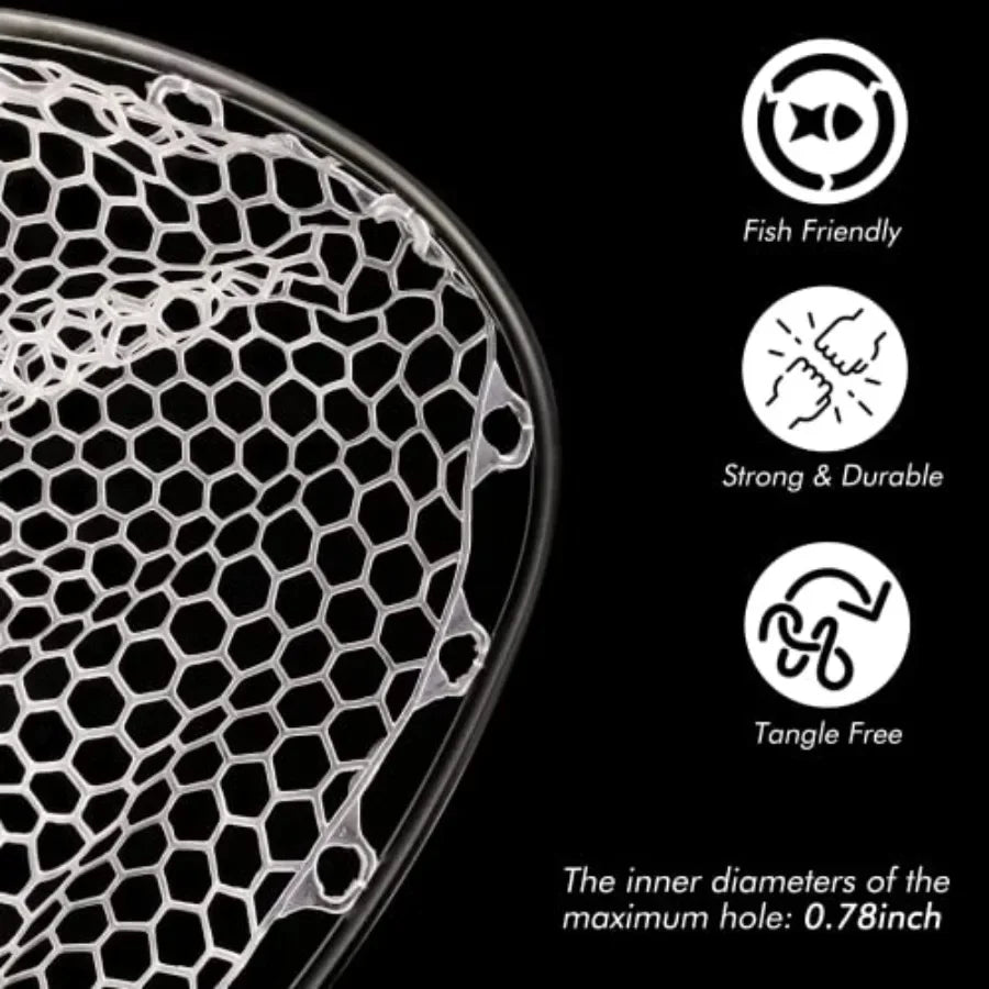 Fly Fishing Landing Net for Trout: Carbon Fiber Frame, Black/Gray, Soft Rubber Mesh Measurement Handle Standard or Long