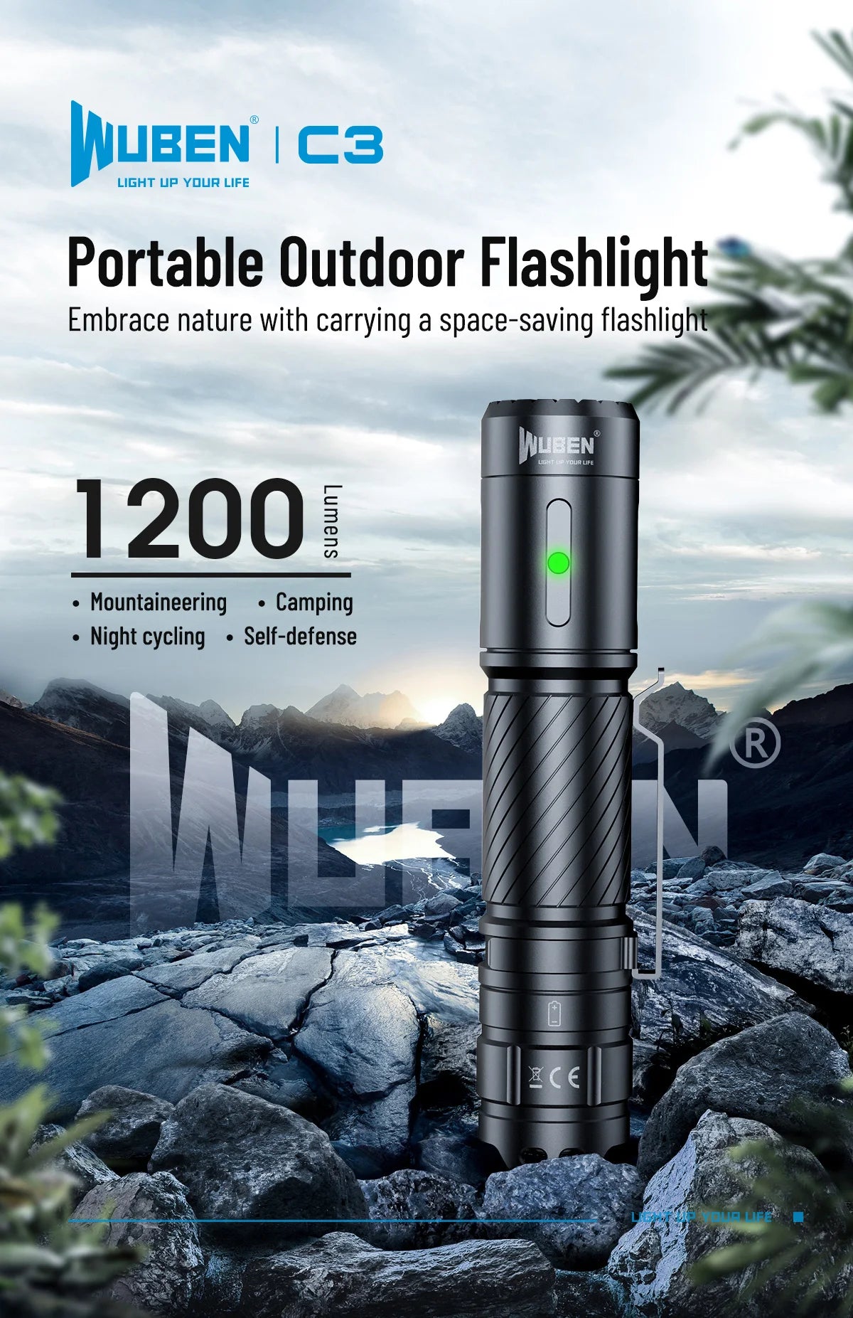 WUBEN C3 Flashlight 1200 High Lumens Rechargeable Flashlights 6 Modes Super Bright IP68 LED Tactical Flashlight for Camping