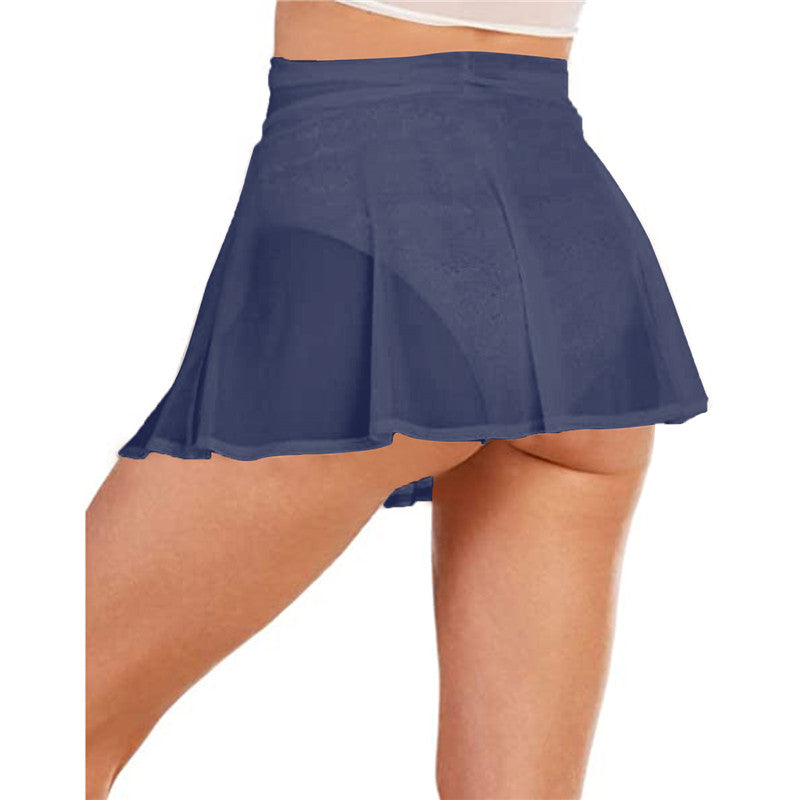 Women Sexy See Through Mini Skirt Summer High Waist Solid Skater Skirt Beach Cover-ups Sheer Mesh Rave Festival Skirt Night Club