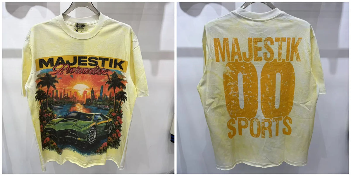 2026 Summer New MAJESTIK Men's T-shirt with Letter Hotfix Rhinestone Print Breathable Lightweight Casual Hip-Hop Style 100% Cotton Men/women T-shirt