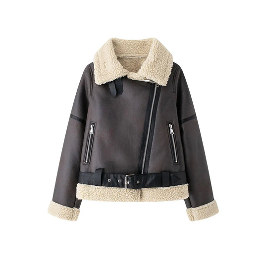Women's Thick Warm Suede Jacket with Belt, Long Sleeve Coats, Faux Shearing, Female Outerwear, Chic Tops, Winter Fashion
