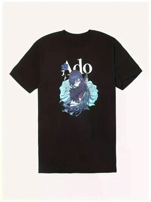 Ado Roses Pose Anime Graphic T Shirt Crew Neck Short Sleeve 100 Cotton Black with Blue White Print Casual Style