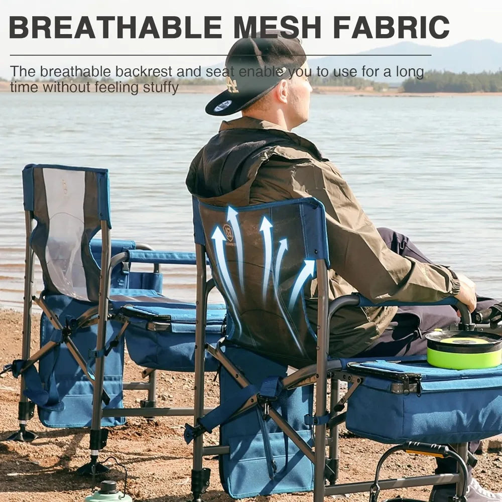 Fishing chair with pole holder and cooler, adjustable feet, net back folding camping chair with shoulder strap, supports 350 LBS