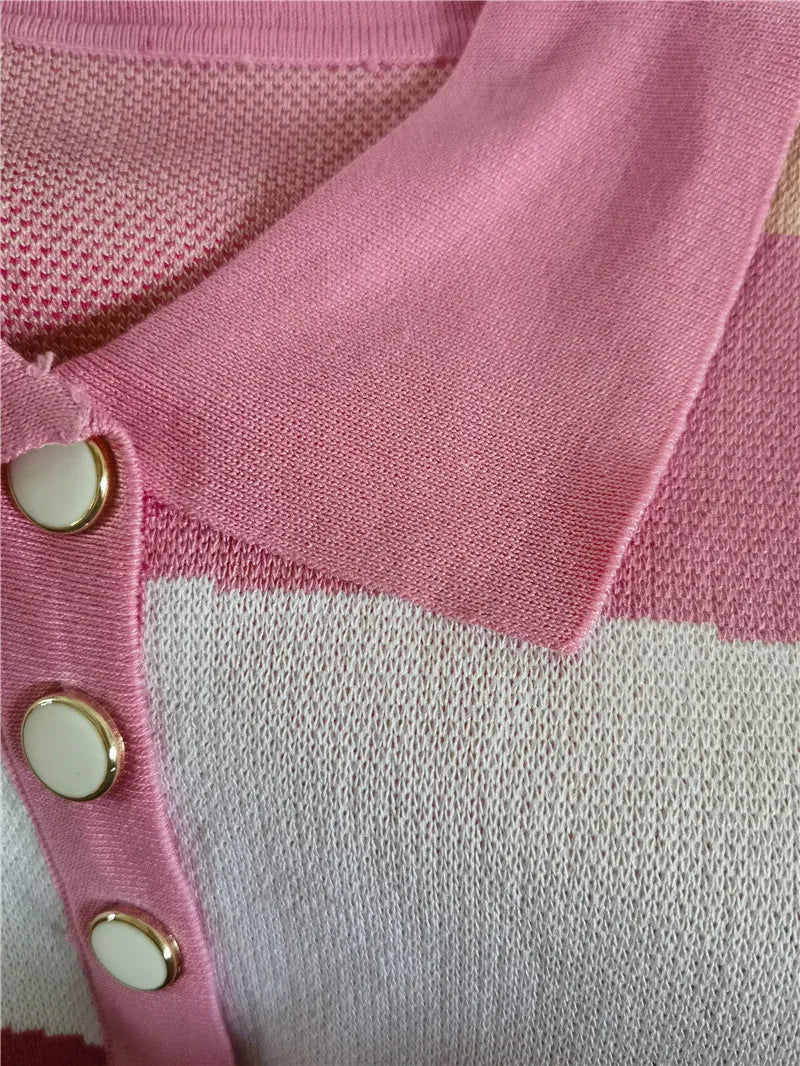 XTOCEAN Fashion Knitting Color Stitching Bodycon Rompers Women V Neck Button Short Sleeve One Pieces Jumpsuits Female Overalls