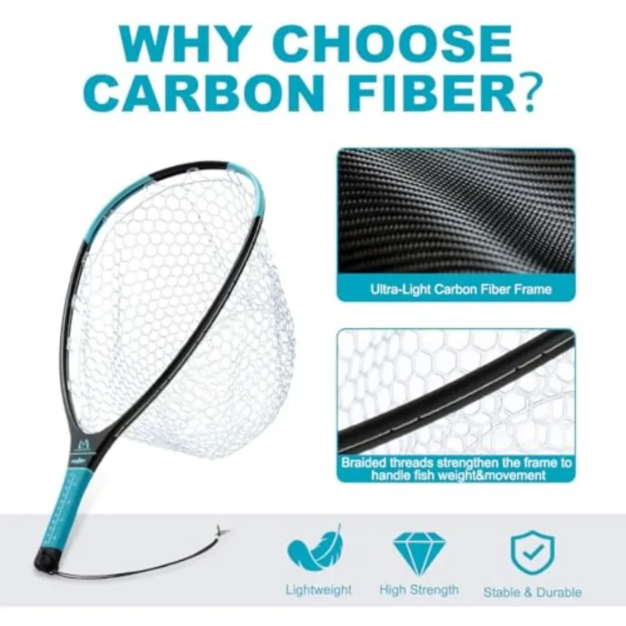 Fly Fishing Landing Net for Trout Bass Catch and Release: Carbon Fiber Frame, Black Rubber Mesh, Magnetic Net Release