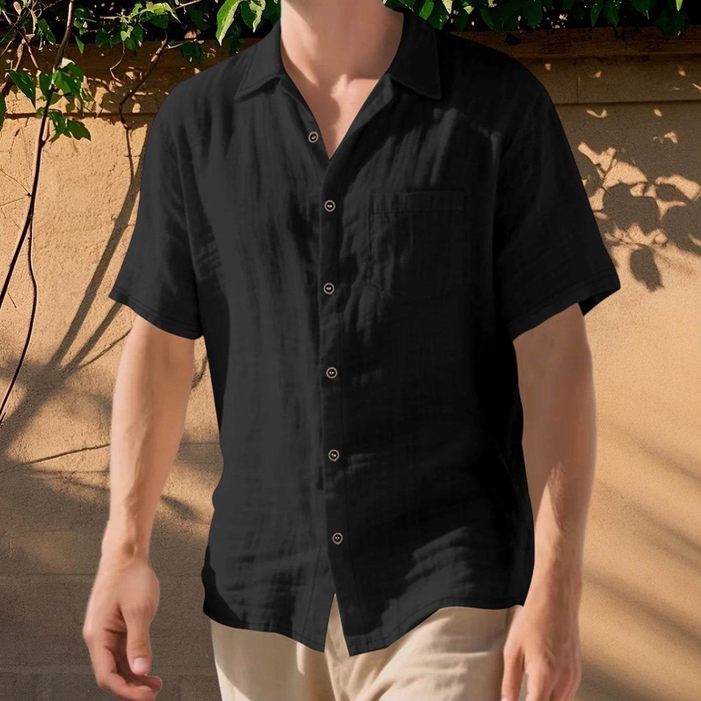 Men s Lightweight Linen Short Sleeve Button-Down Shirt Casual Solid Color Breathable Summer Tops Loose Fit Lapel Collar