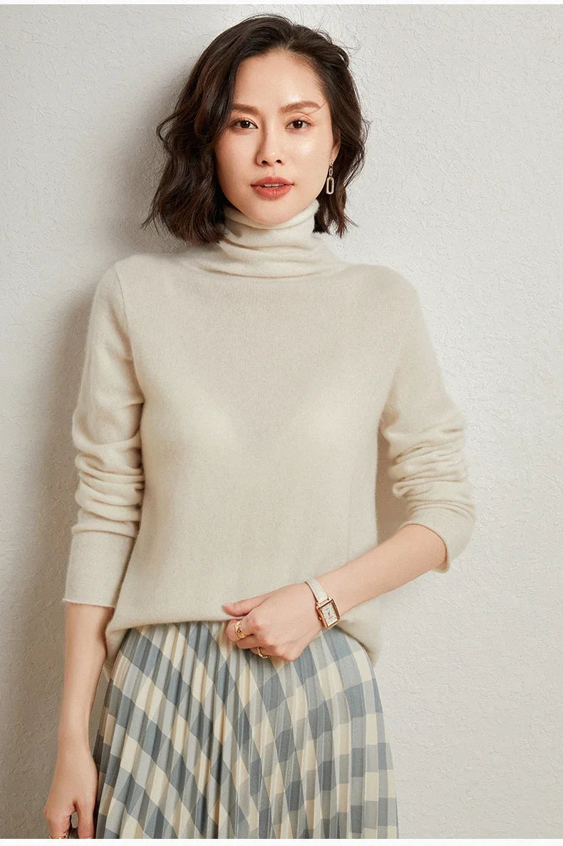 100%Merino Pure Wool Sweater Women's AutumnWinter Long Sleeve High Neck Pullover Warm High Quality Solid Color Basic Knit Jumper