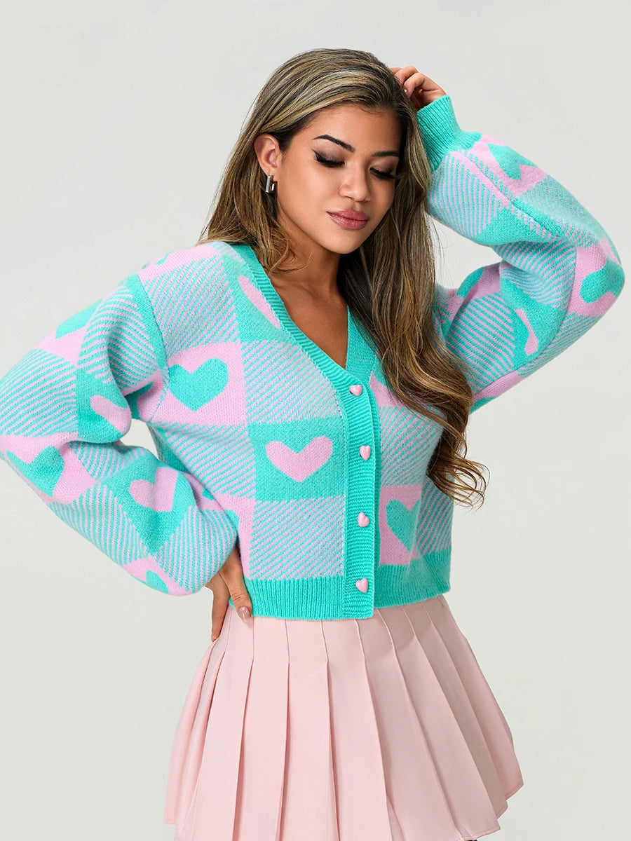 Valentine s Day Women s Heart Print Knit Sweater Cardigan with Long Sleeves V Neck and Button Up Detail