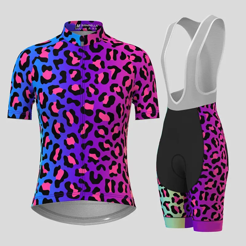 Women's Cycling Clothing Gradient Leopard Print Summer Cycling Jersey Set Women Breathable Short Sleeves Mountain Bike Clothes