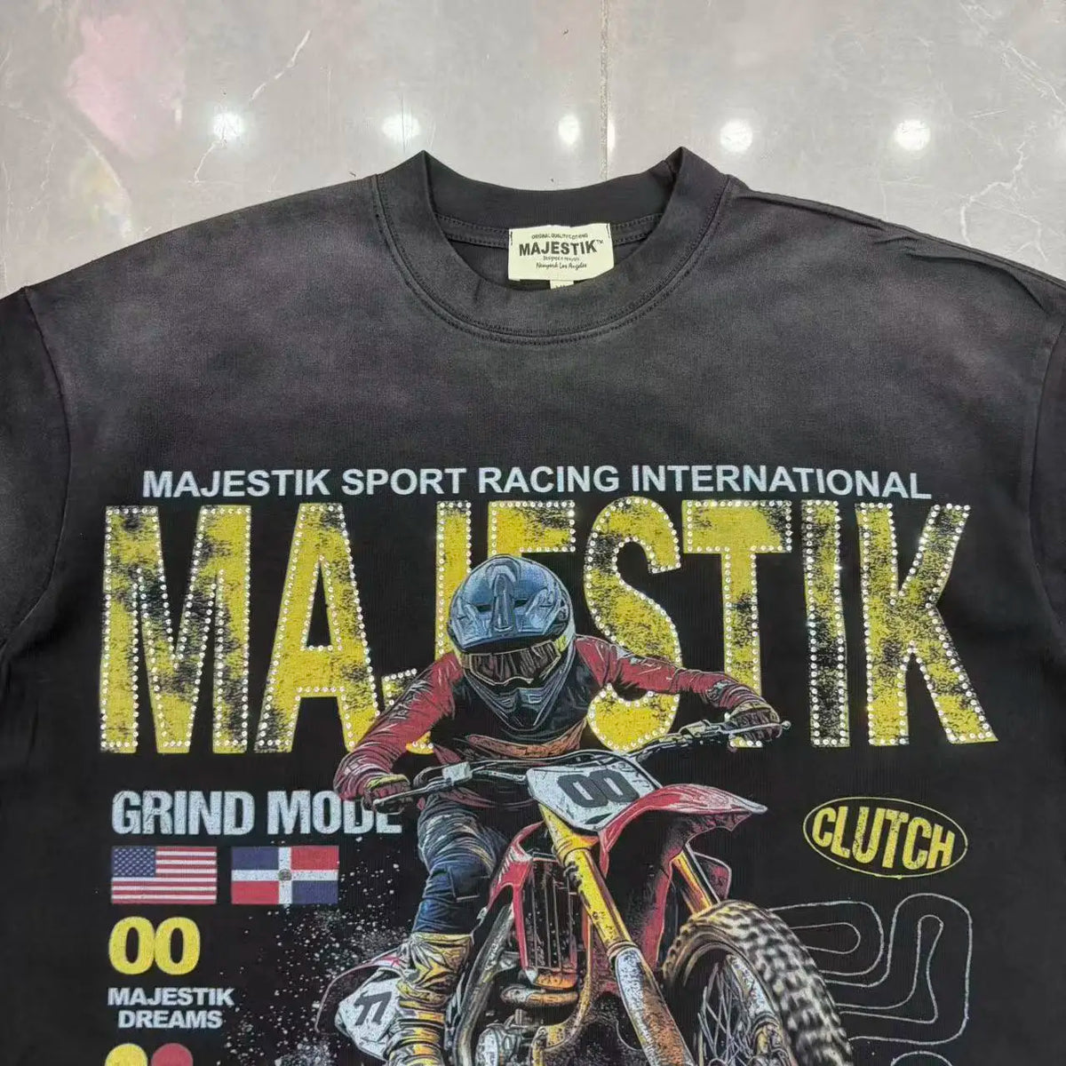 2026 Summer New MAJESTIK Men's T-shirt with Letter Hotfix Rhinestone Print Breathable Lightweight Casual Hip-Hop Style 100% Cotton Men/women T-shirt