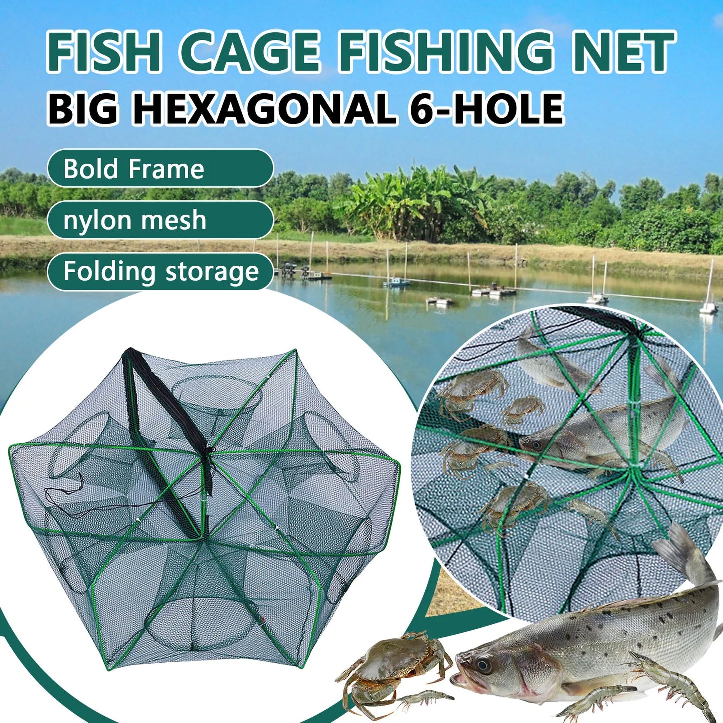 Folding lobster cage 2025 new style fishing trap fishing tool kit fish shrimp crayfish crab fishing net nylon material