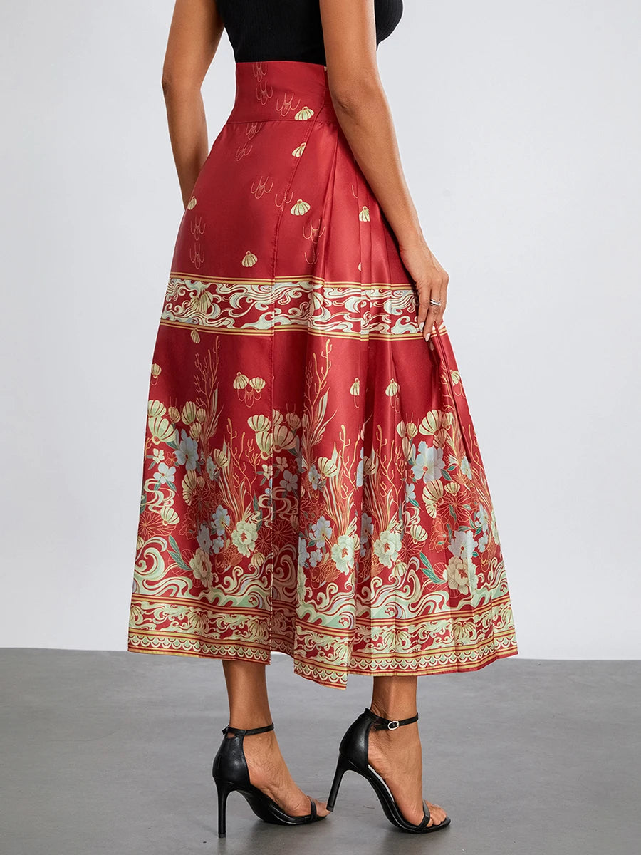 Women s Horse Face Skirt Elegant Phoenix Character Flower Print Pleated Tie Up A-Line Long Swing Skirt National Clothing