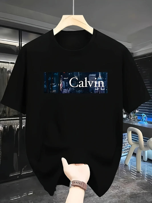 Men's Calvin Pattern T-shirt - Casual Round Neck City Skyline Design Suitable for Summer Outing comfortable and meticulously