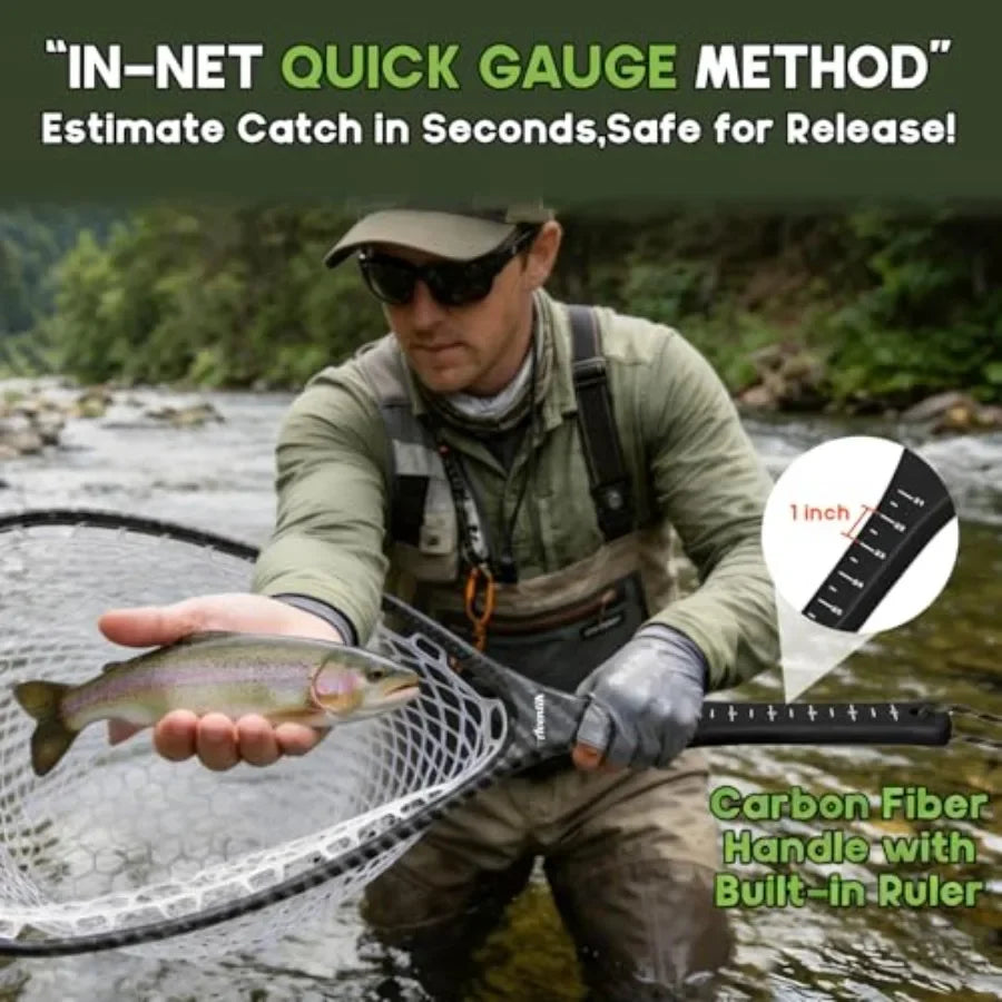 Fly Fishing Landing Net for Trout: Carbon Fiber Frame, Soft Rubber Mesh, Measurement Handle, Standard/Long Option