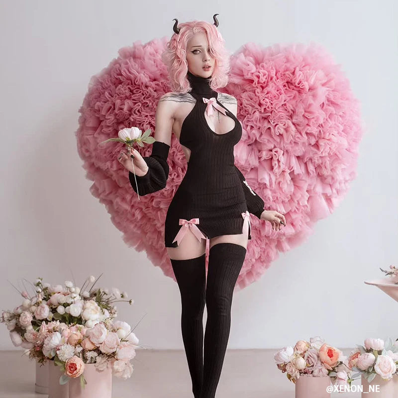 KORURACLUB autumn and winter Bowknot Sexy Black Knitted dress stockings Pink straps Backless Soft girl Turtleneck sweater