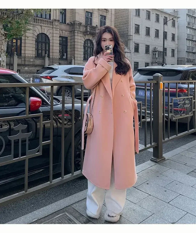 Blue Korean Style Woolen Coat Loose Women's Fashion Autumn Winter New Arrival Medium Length Belted Outerwear for Ladies