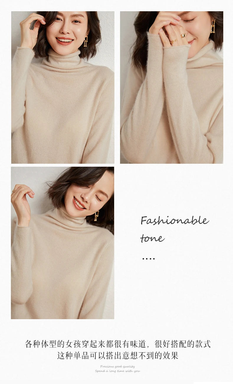 100%Merino Pure Wool Sweater Women's AutumnWinter Long Sleeve High Neck Pullover Warm High Quality Solid Color Basic Knit Jumper