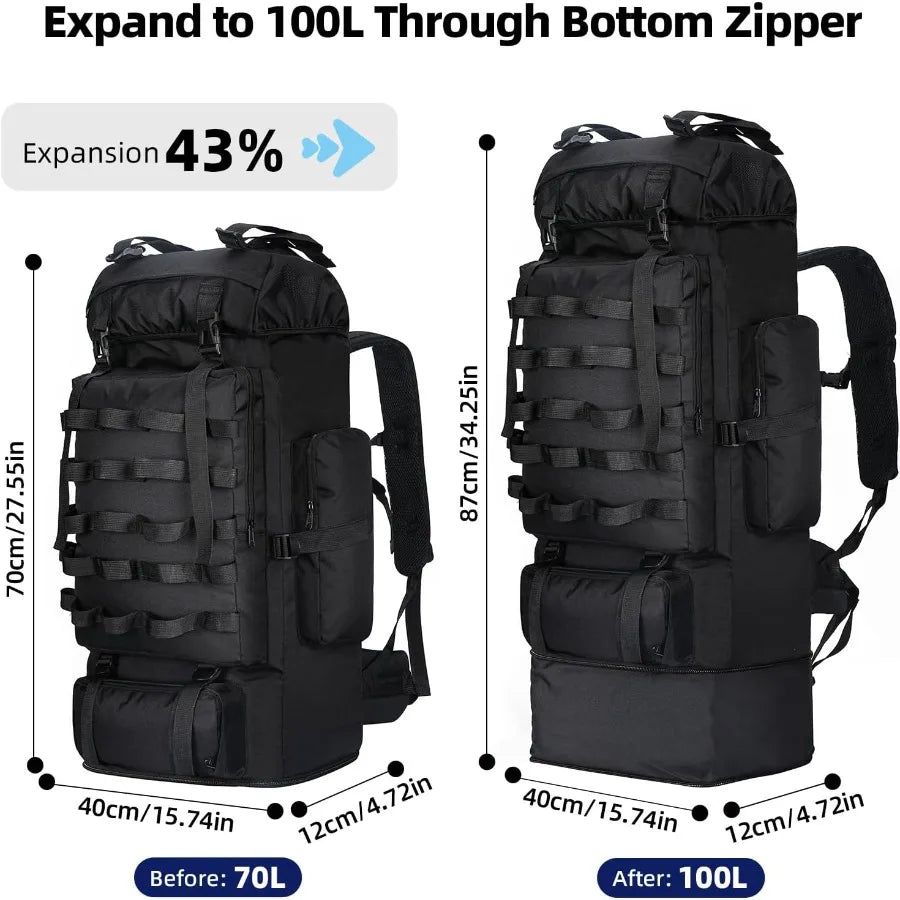 70L 100L Camping Hiking Backpack with Rain Cover Expandable Large Military Tactical Backpack Waterproof Molle Racksack Travel B