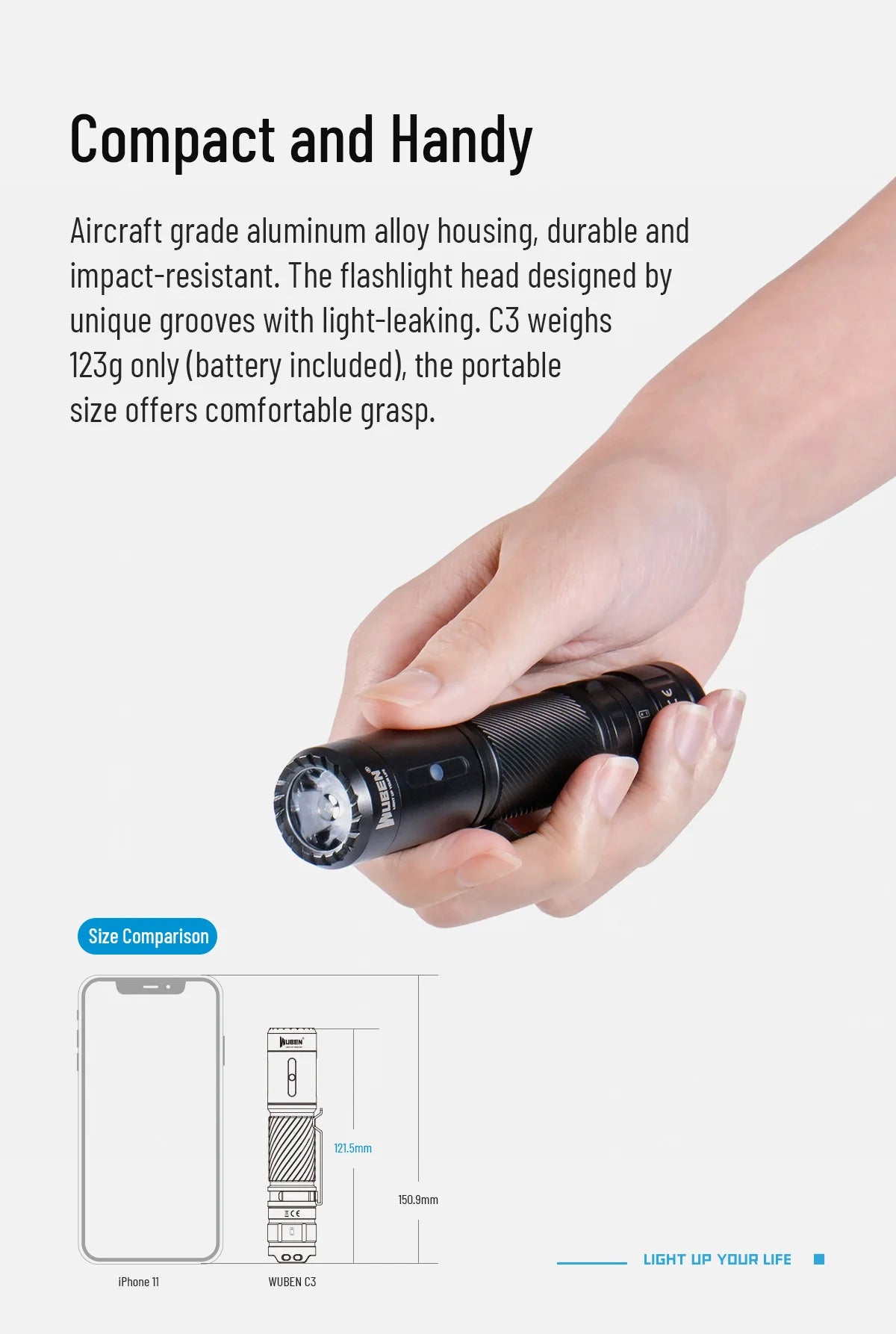 WUBEN C3 Flashlight 1200 High Lumens Rechargeable Flashlights 6 Modes Super Bright IP68 LED Tactical Flashlight for Camping