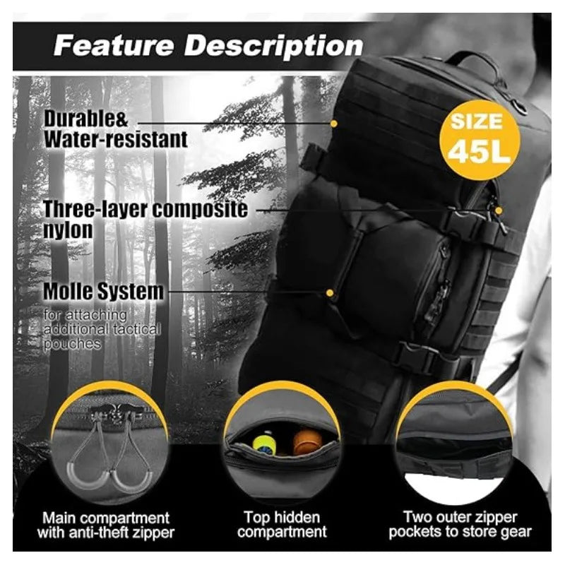 45L Large Capacity Durable 3-in-1 Duffle Backpack Tear Resistant Adjustable Mountaineering Hiking Bag for Outdoor Travel