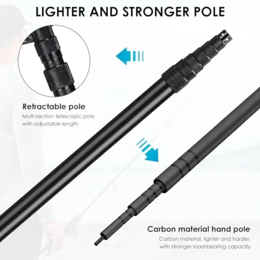 Fishing landing net for anglers: carbon fiber frame, black, telescopic long handle 27-157.5 in,aluminum mesh with rubber coatin