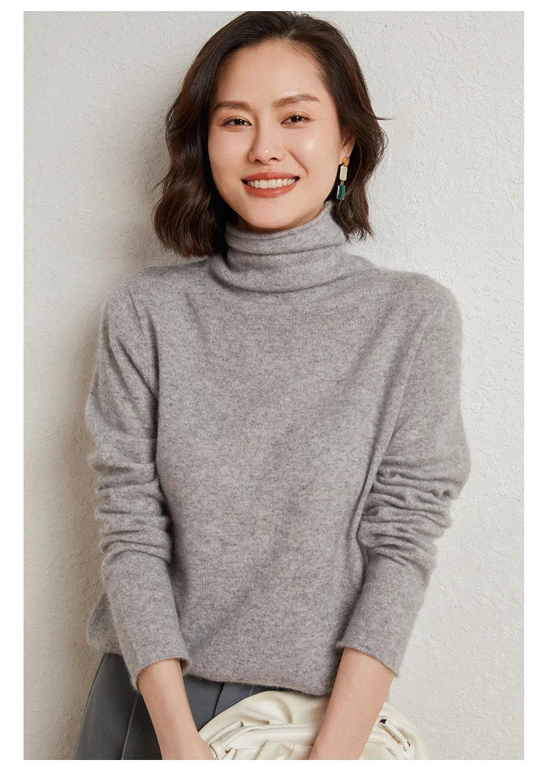 100%Merino Pure Wool Sweater Women's AutumnWinter Long Sleeve High Neck Pullover Warm High Quality Solid Color Basic Knit Jumper
