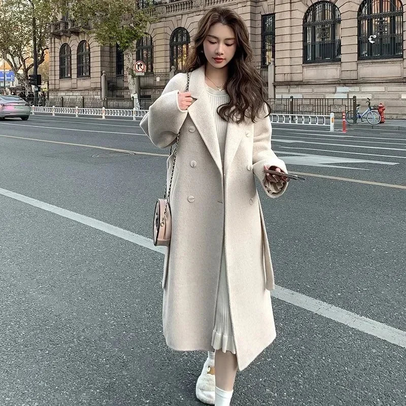 Blue Korean Style Woolen Coat Loose Women's Fashion Autumn Winter New Arrival Medium Length Belted Outerwear for Ladies