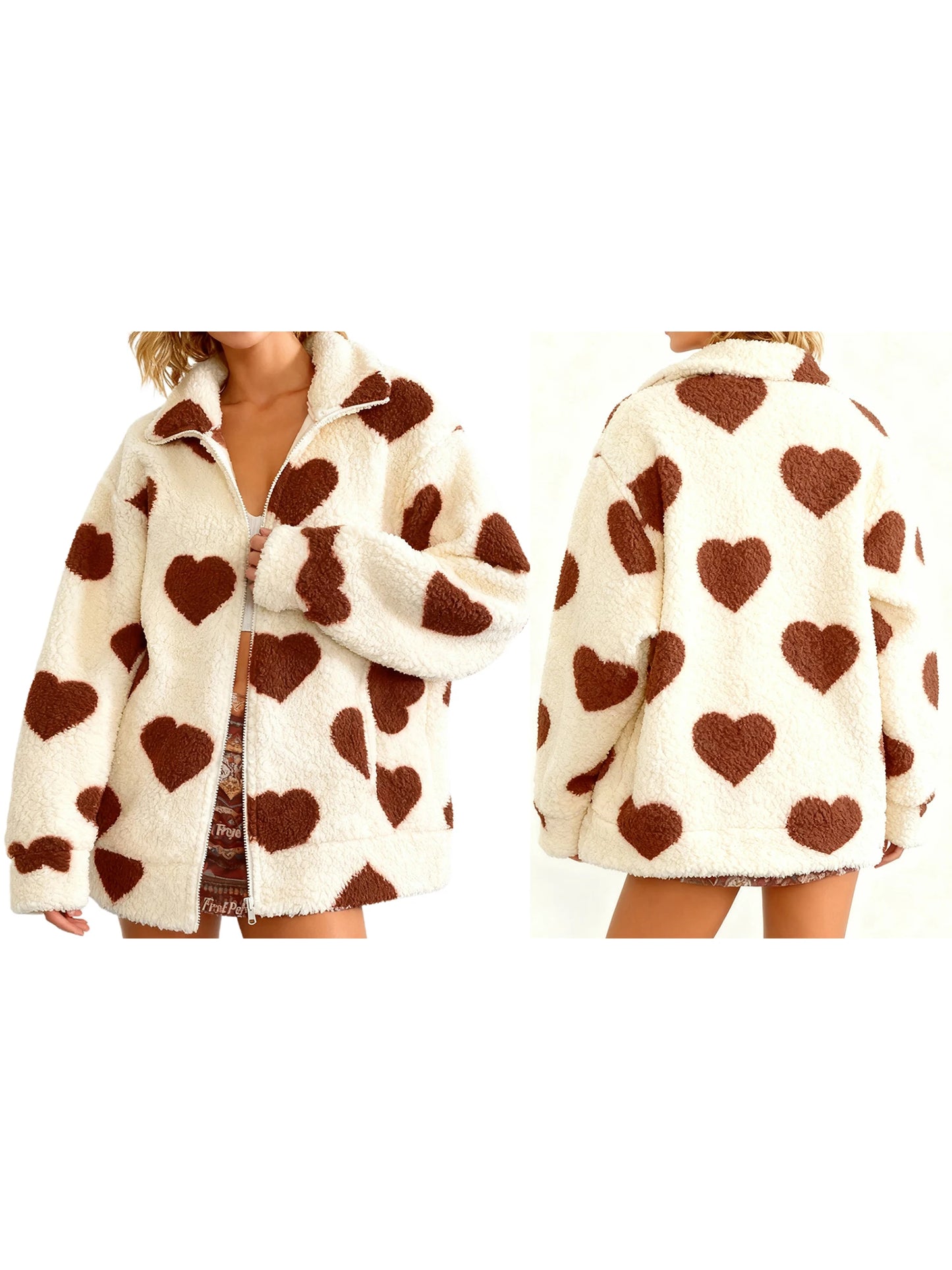 Women s Valentine s Day Heart Print Hooded Sweatshirt Casual Long Sleeve Pullover Loose Fit Fleece Jacket Coat