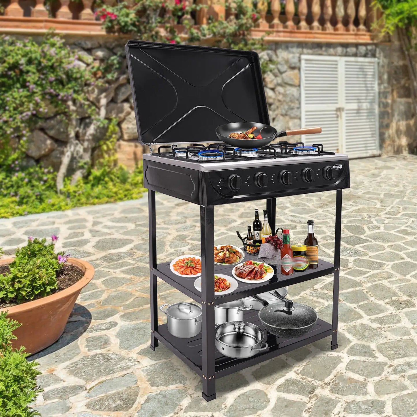 5-Burner Gas Stove Outdoor Camping Cooking BBQ Grill With 2-Tier Storage Rack