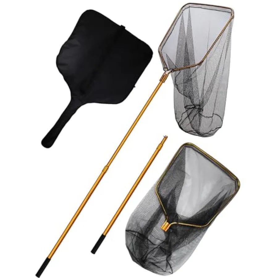 Kayak fishing net, aluminum handle, black, extra-large telescopic design with snag-free rubber mesh for saltwater big game fish