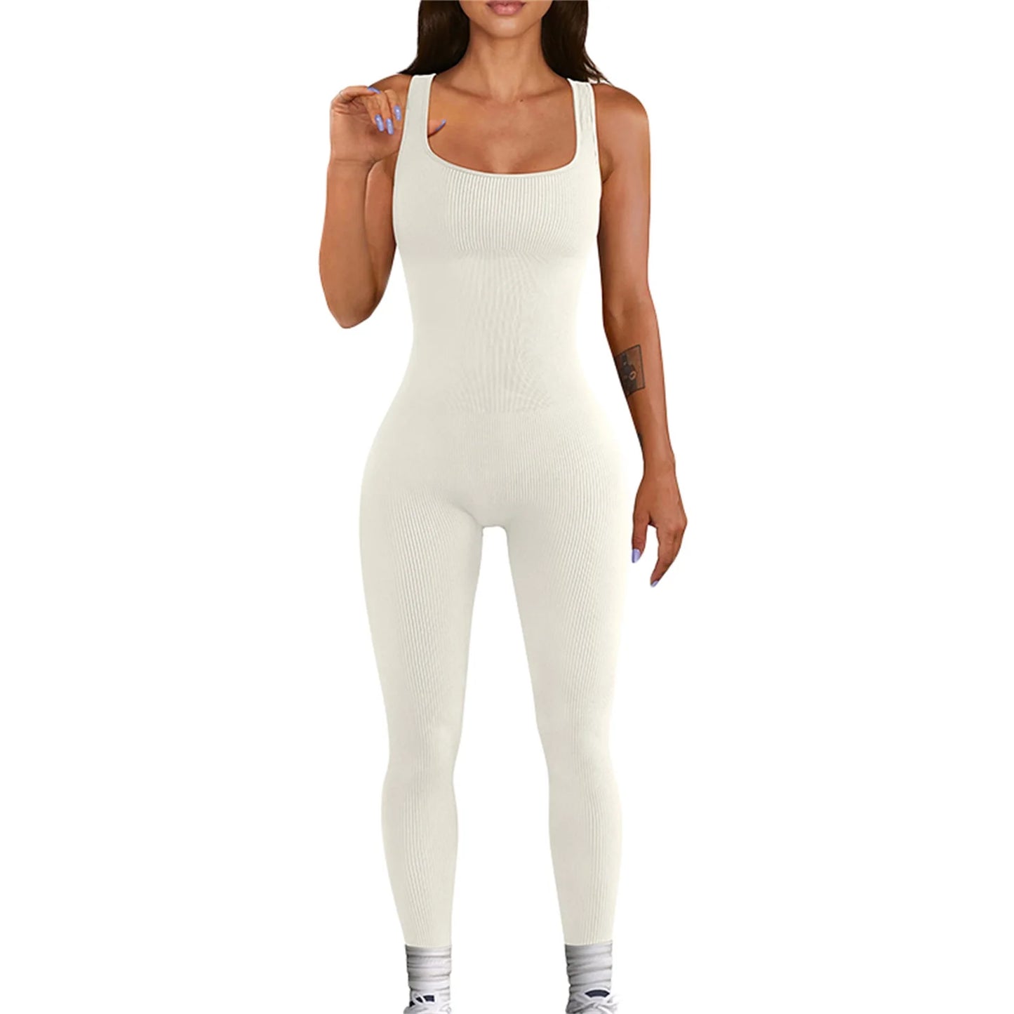 Women Sleeveless Bodycon Jumpsuit Summer Solid Color U-neck Romper Pants Streetwear Clubwear