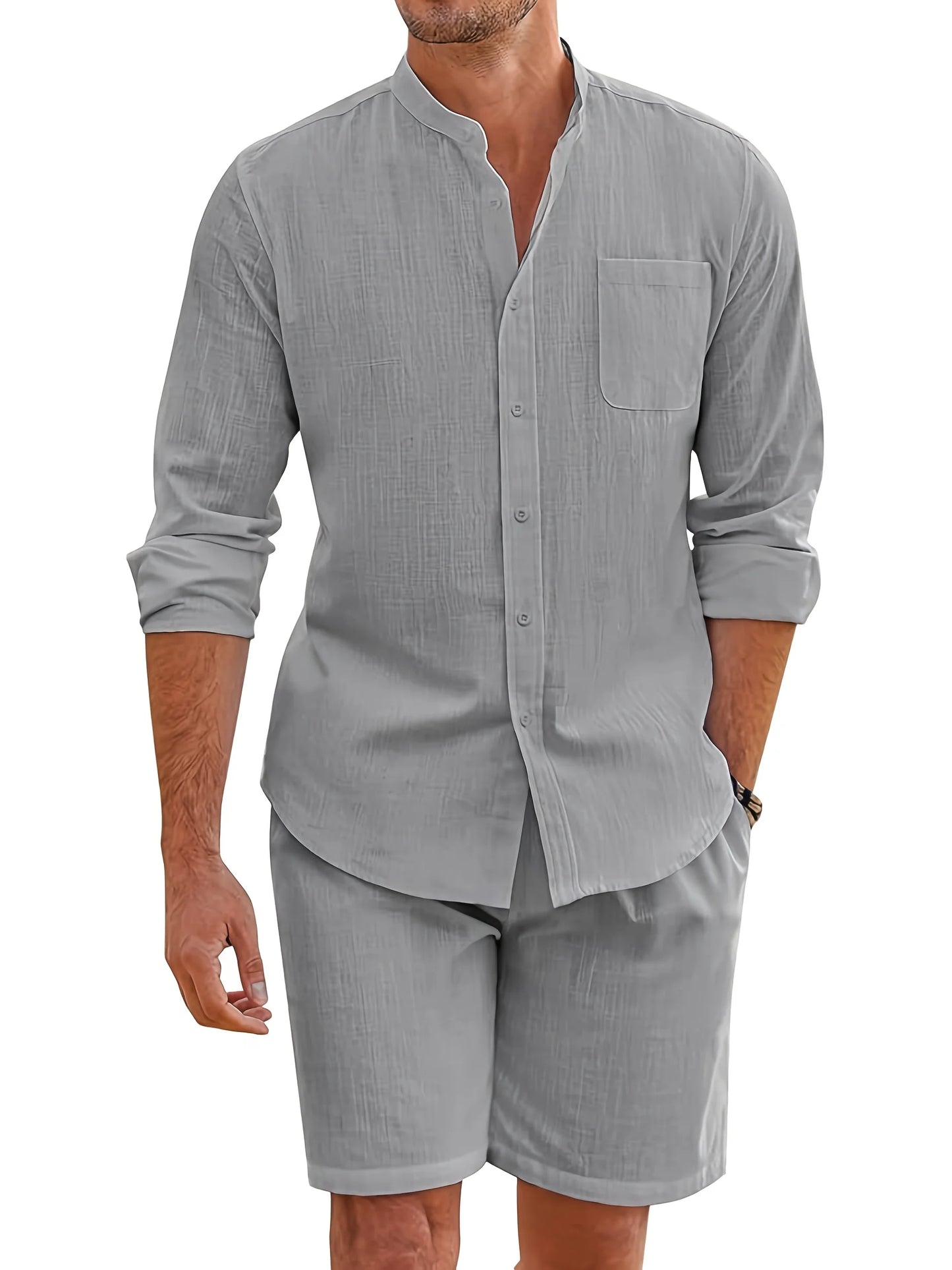 Men's summer two-piece polyester button shirt long sleeve shorts cardigan simple casual beach wear - the best choice for casual