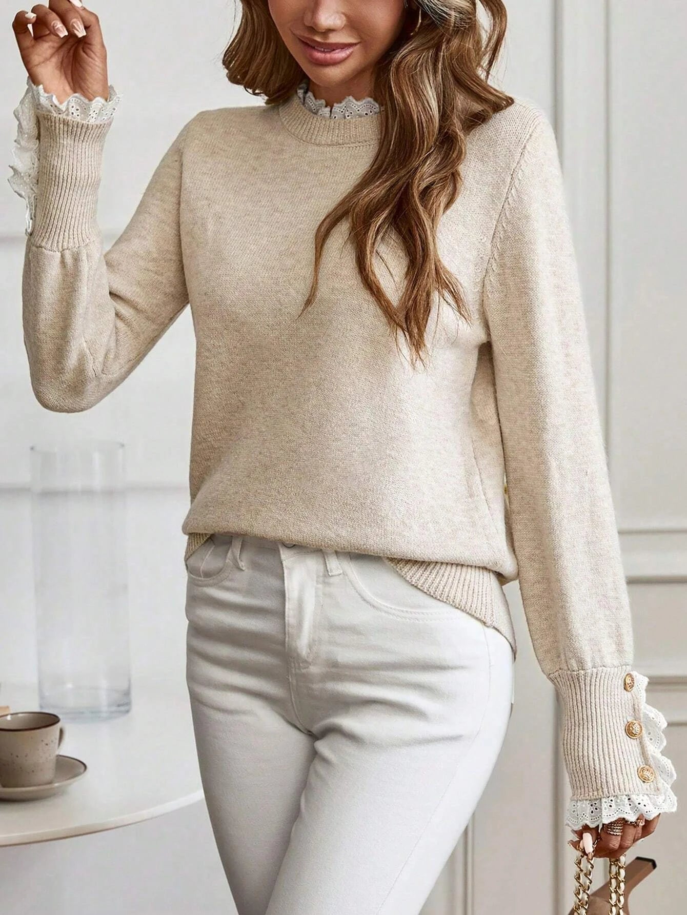 Autumn and Winter New Fashion Woman Sweater Half High Neck Loose Lace Patchwork Knit Top