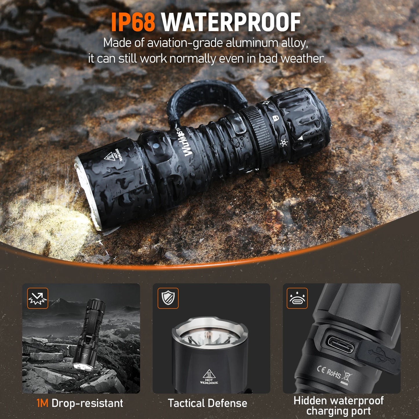 Wurkkos TD07 Tactical Flashlight 1300 Lumens 479m Beam Distance 18350 Battery Dual Switch Ring Grip Police/Everyday Use