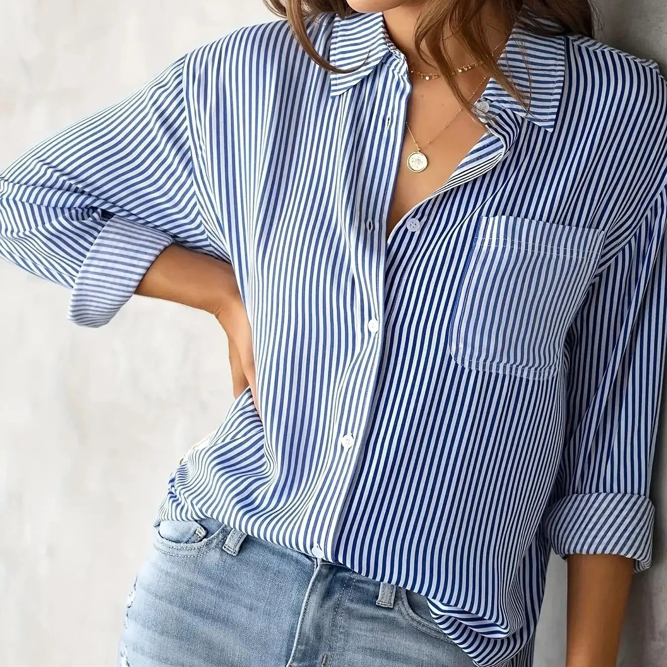 Women's striped shirt with pockets-long sleeves, casual and comfortable, suitable for all seasons