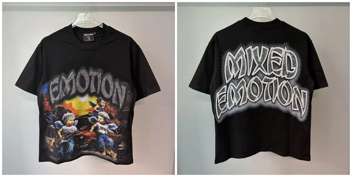 New MIXED-EMOTION Rhinestone printed pattern 100% cotton Men Women T-shirt Loose casual Shinning Diamond Tees Oversized Top