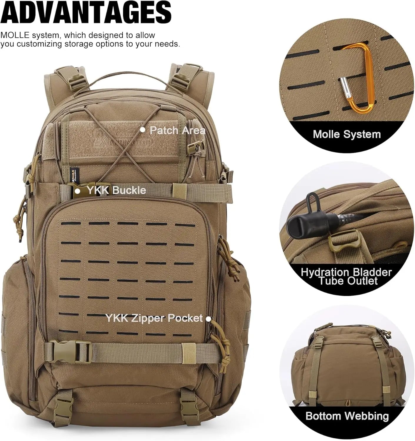 35L Molle Tactical Military Backpack for Men，Cordura Backpack for Hiking,Camping,Survival