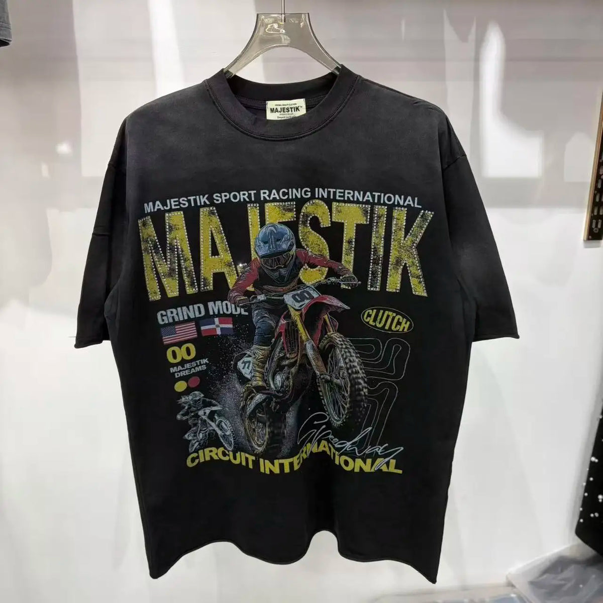 2026 Summer New MAJESTIK Men's T-shirt with Letter Hotfix Rhinestone Print Breathable Lightweight Casual Hip-Hop Style 100% Cotton Men/women T-shirt