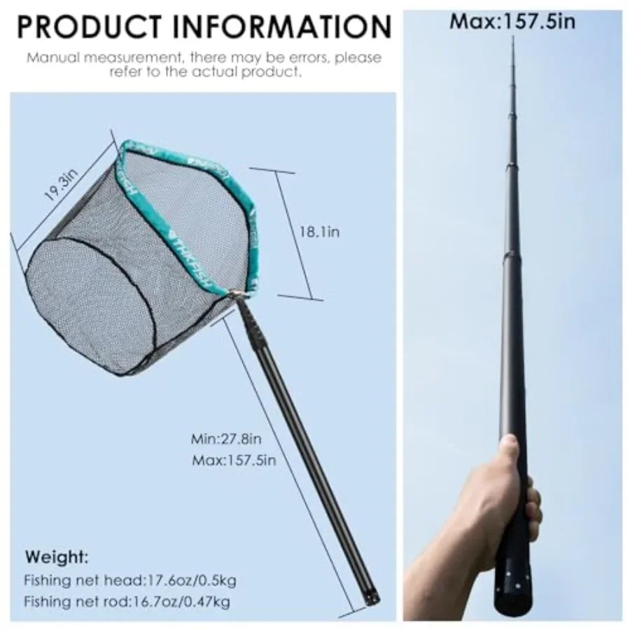 Fishing landing net for anglers: carbon fiber frame, black, telescopic long handle 27-157.5 in,aluminum mesh with rubber coatin