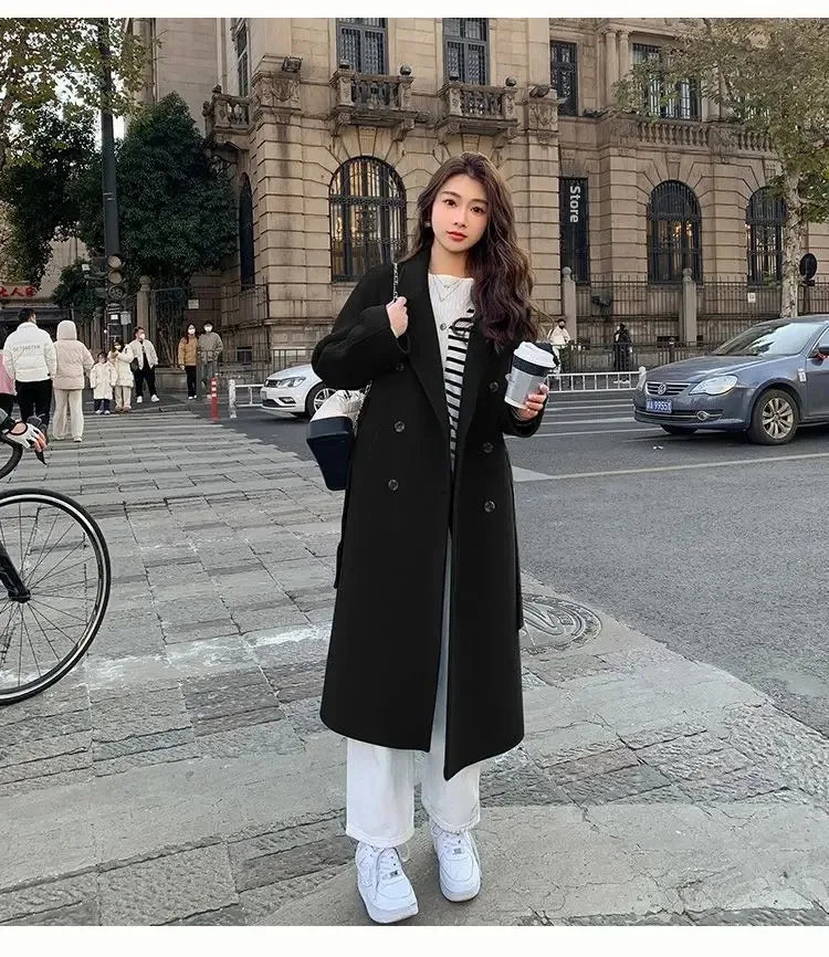 Blue Korean Style Woolen Coat Loose Women's Fashion Autumn Winter New Arrival Medium Length Belted Outerwear for Ladies