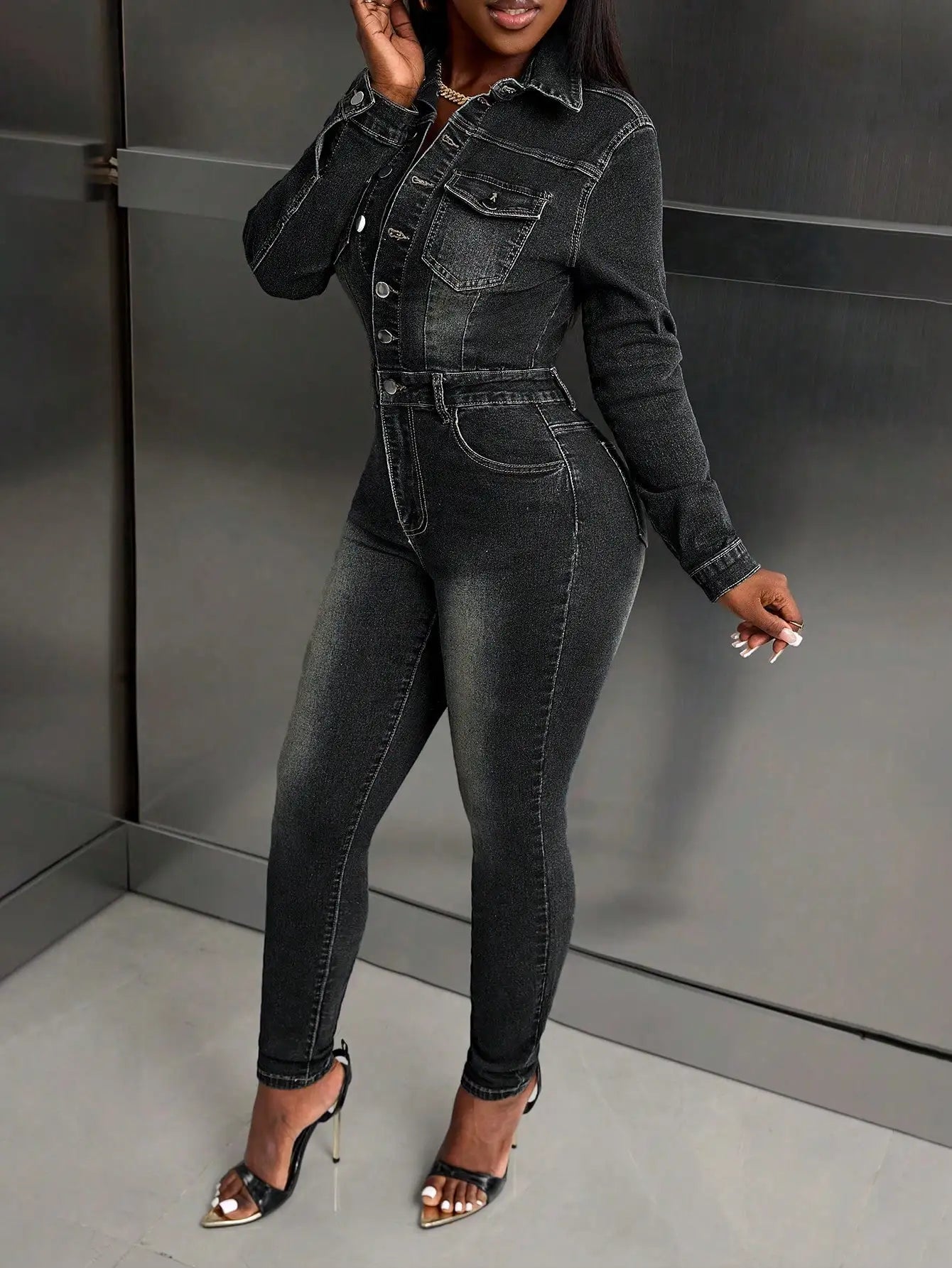 BWQ Retro Sexy Skinny Fit High-Waisted Washed Blue Denim Jumpsuit For Women, European & American Style, Autumn/Winter